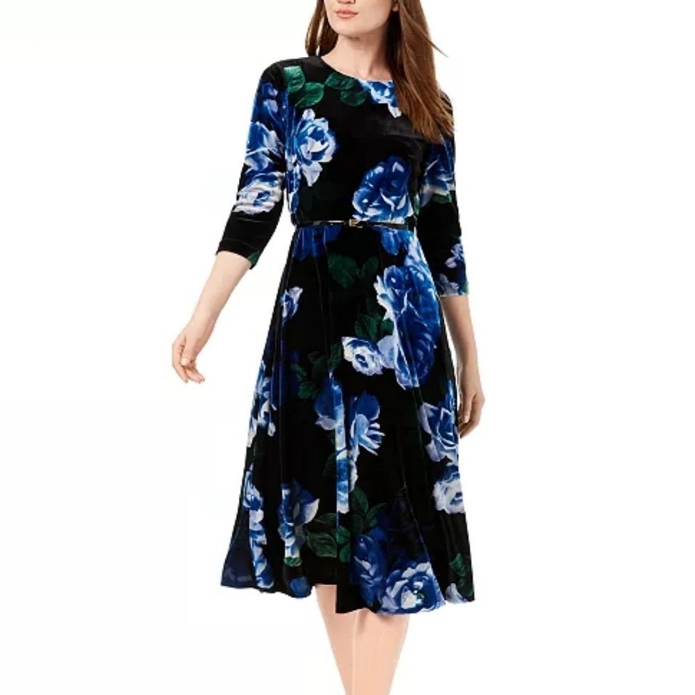 Calvin Klein Dark Floral Velvet Midi Dress Sz 10 Blue Rose Office‎ Evening
